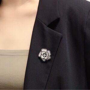 CHANEL Silver and Black Flower Brooch